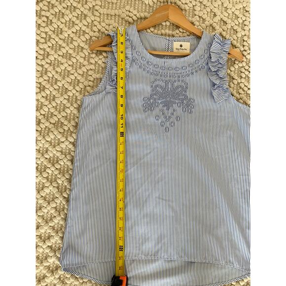Betsey’s Boutique Blue White Stripe Embroidered Ruffle Tank Blouse Preppy Small - Picture 4 of 5